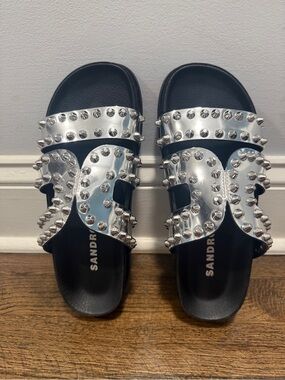 New Sandro Silver Spiked Double-Strap Slides 38